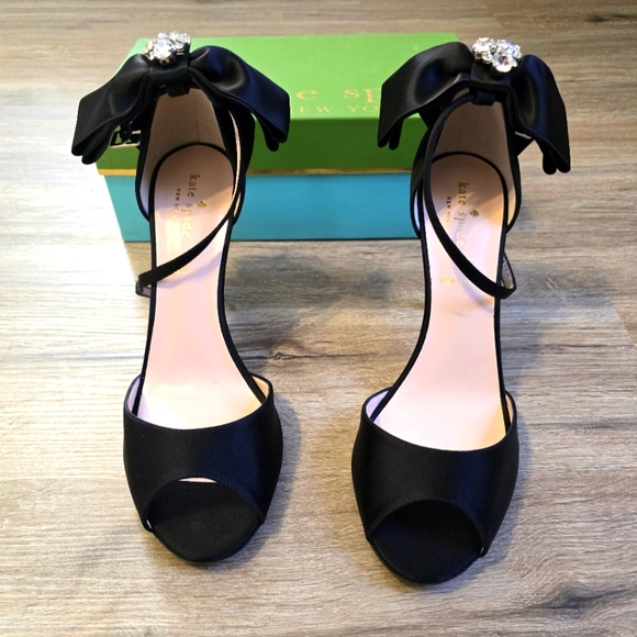 Kate Spade Black Satin Heels with Bow - Picture 1 of 5